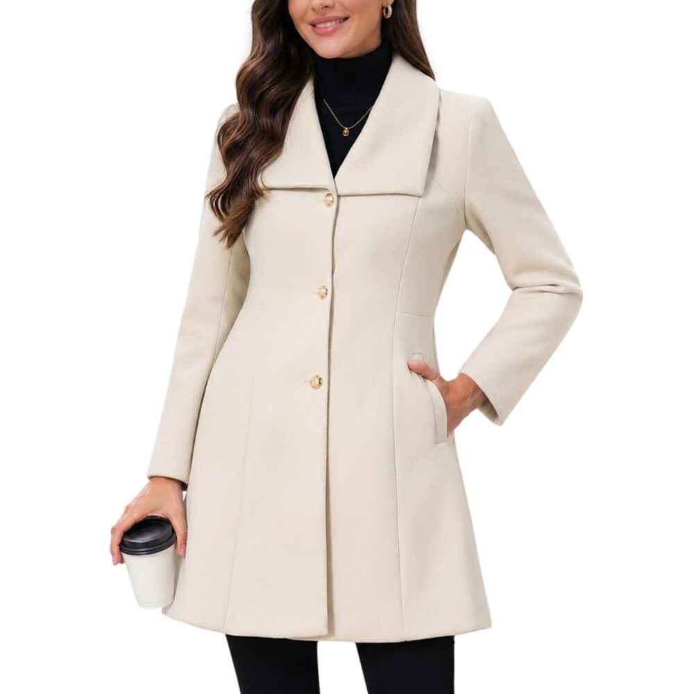 Women's Winter Peacoat Lapel A-Line Work Coats Trench Overcoat Beige